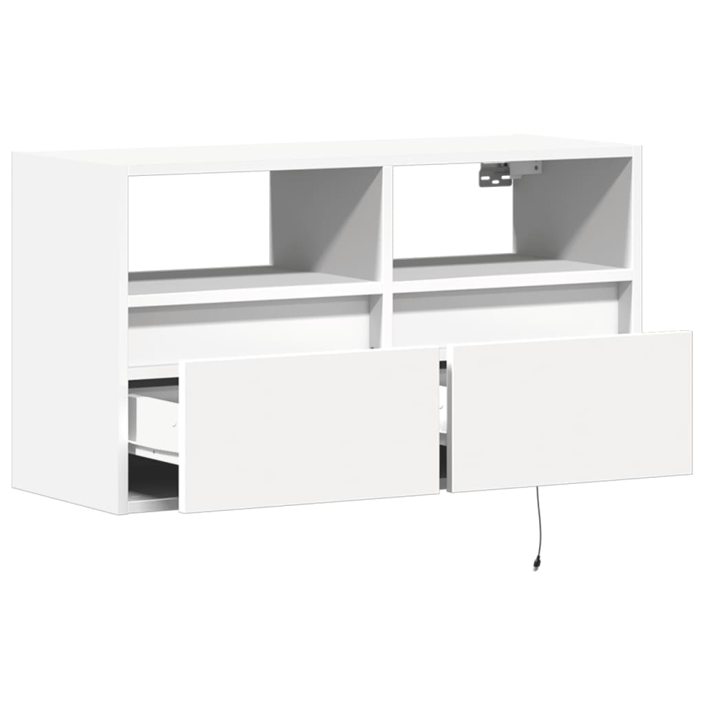 Sieninė TV spintelė su LED lemputėmis, balta, 80x31x45cm