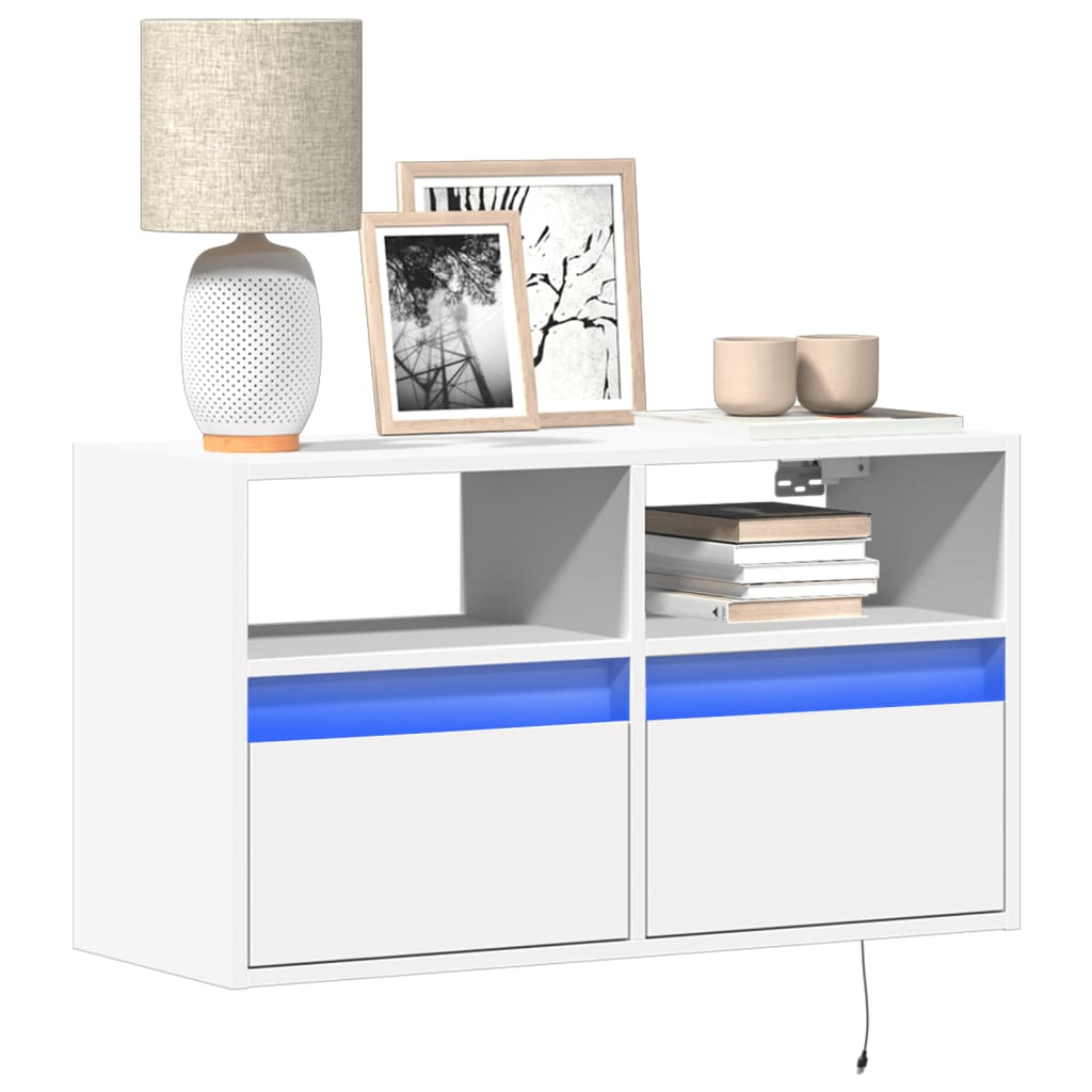 Pie sienas stiprināms TV skapītis ar LED gaismām, balts, 80x31x45cm