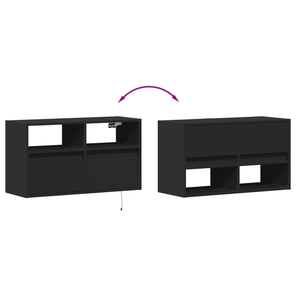 Sieninė TV spintelė su LED lemputėmis, juoda, 80x31x45cm