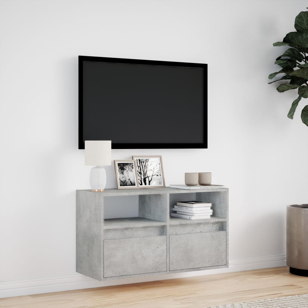 Wall-mounted TV cabinet with LED lights, concrete, 80x31x45cm