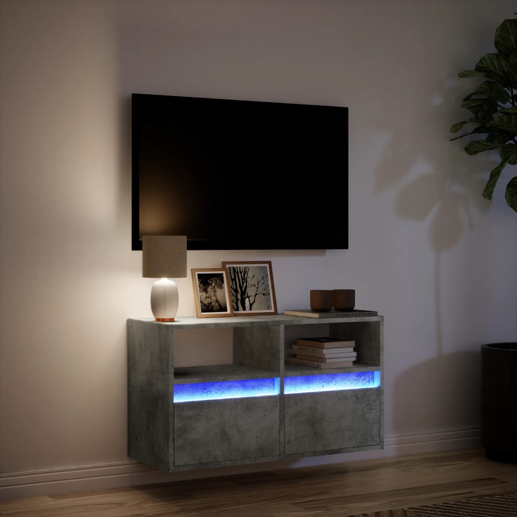 Wall-mounted TV cabinet with LED lights, concrete, 80x31x45cm