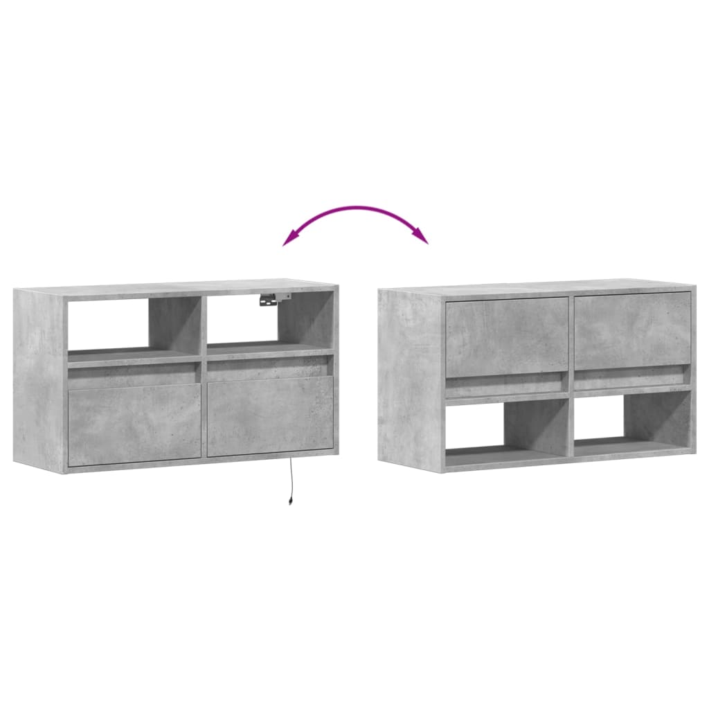 Wall-mounted TV cabinet with LED lights, concrete, 80x31x45cm