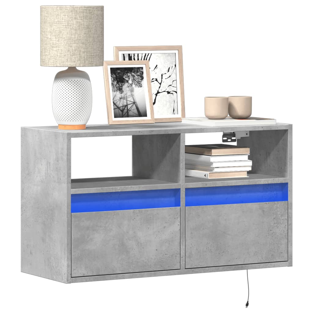 Wall-mounted TV cabinet with LED lights, concrete, 80x31x45cm