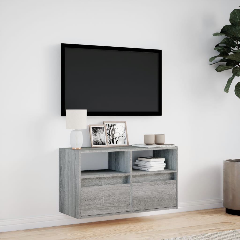 Sieninė TV spintelė su LED lemputėmis, pilka ąžuolo, 80x31x45cm