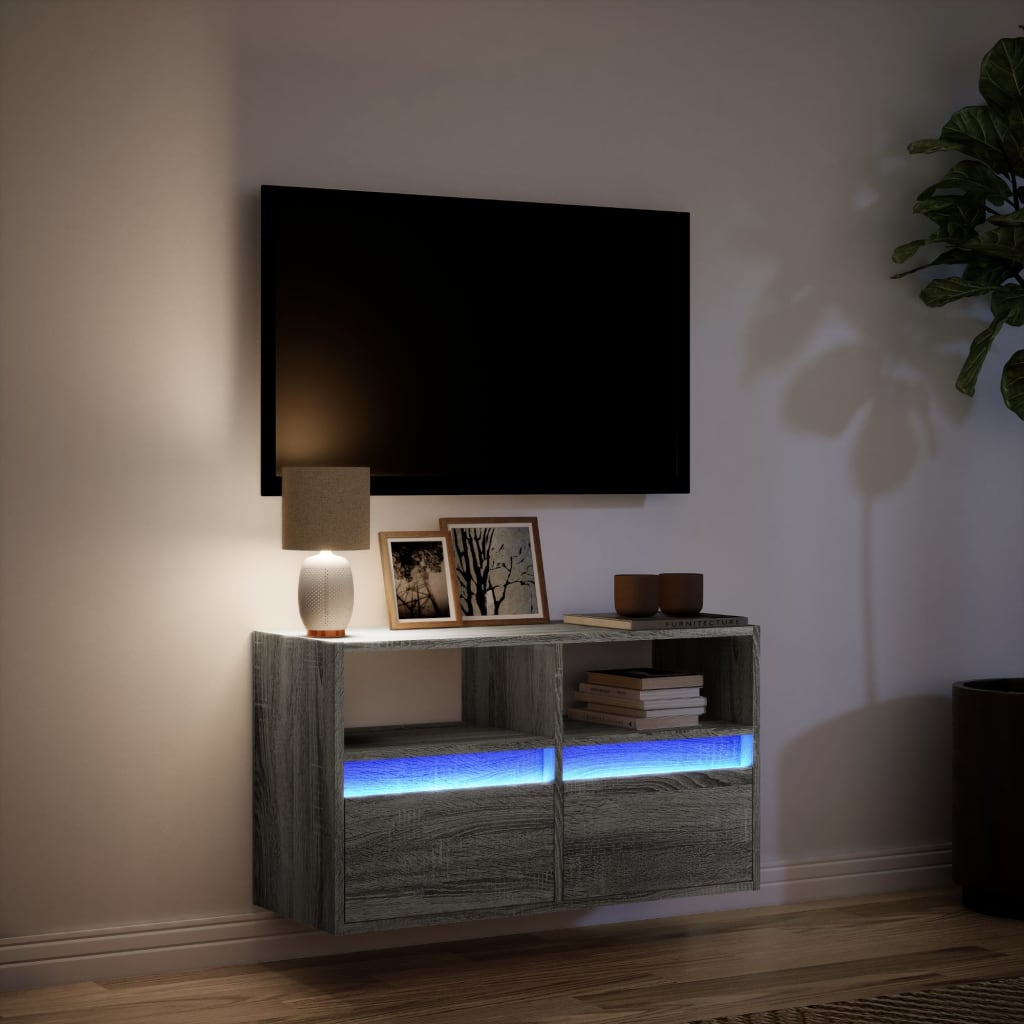 Sieninė TV spintelė su LED lemputėmis, pilka ąžuolo, 80x31x45cm