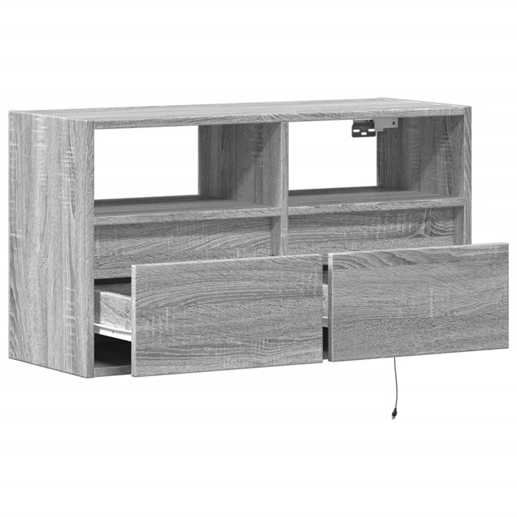 Sieninė TV spintelė su LED lemputėmis, pilka ąžuolo, 80x31x45cm