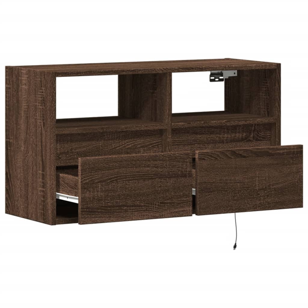 Sieninė TV spintelė su LED lemputėmis, ruda ąžuolo, 80x31x45cm