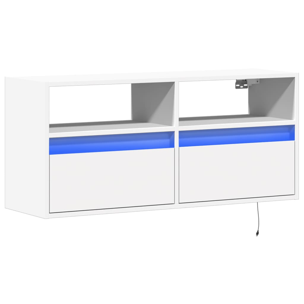 Wall-mounted TV cabinet with LED lights, white, 100x31x45cm