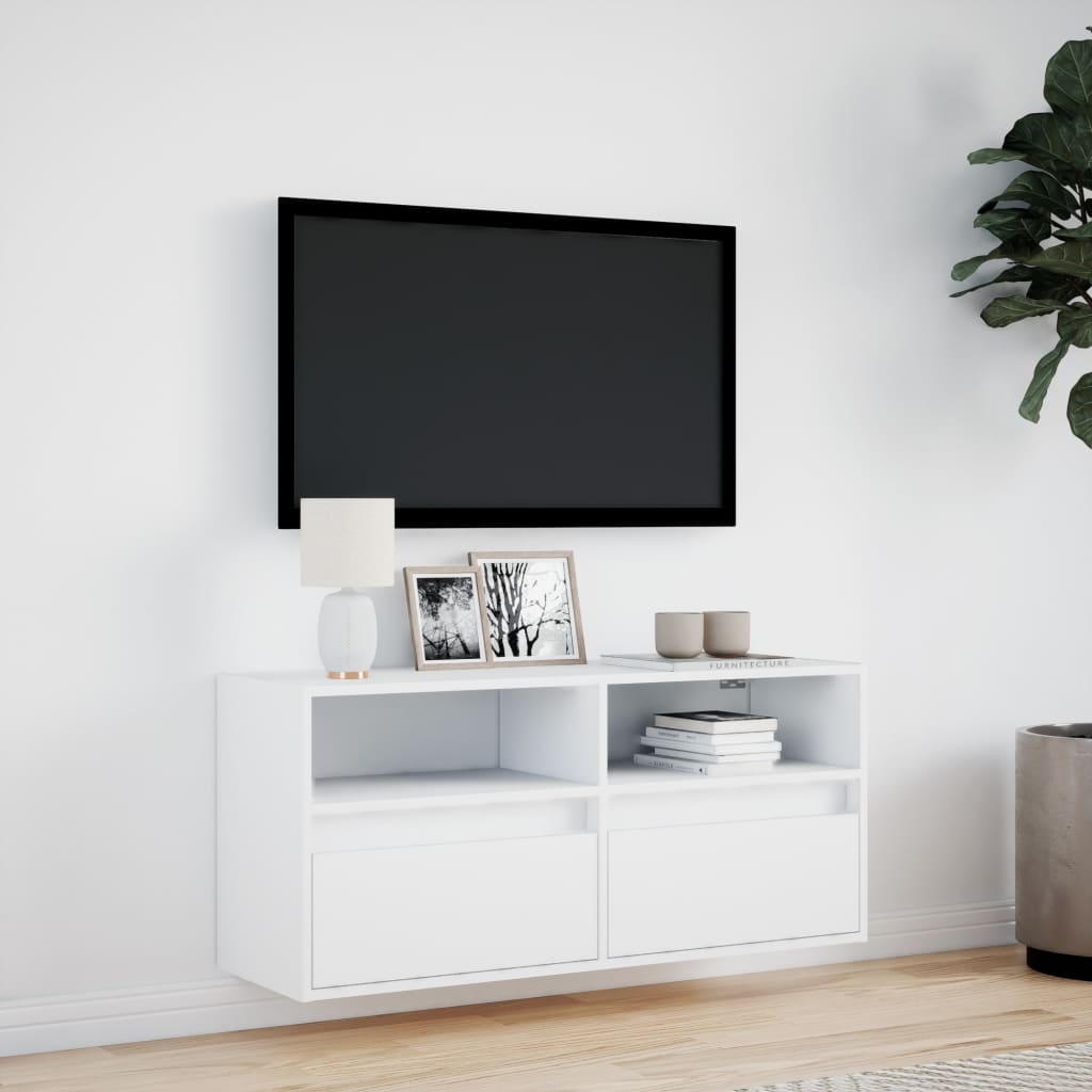 Wall-mounted TV cabinet with LED lights, white, 100x31x45cm