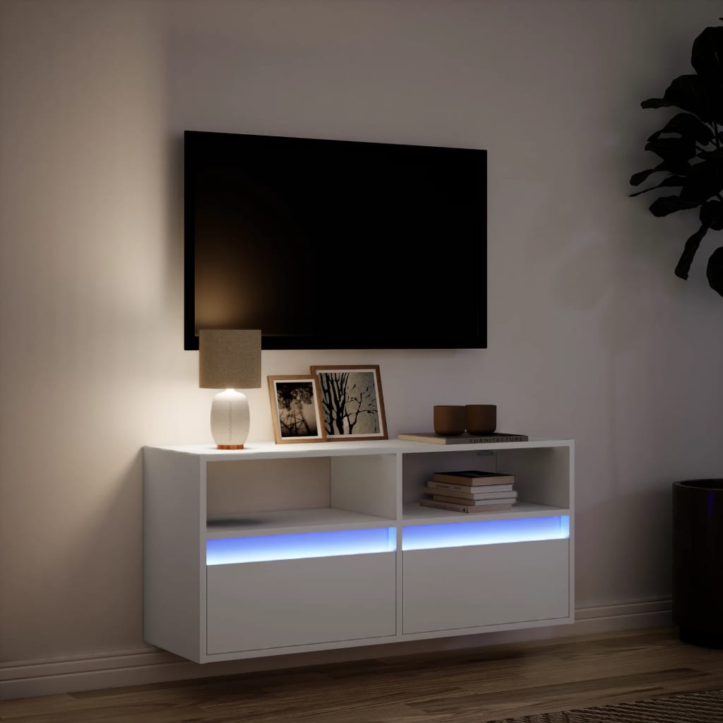 Wall-mounted TV cabinet with LED lights, white, 100x31x45cm
