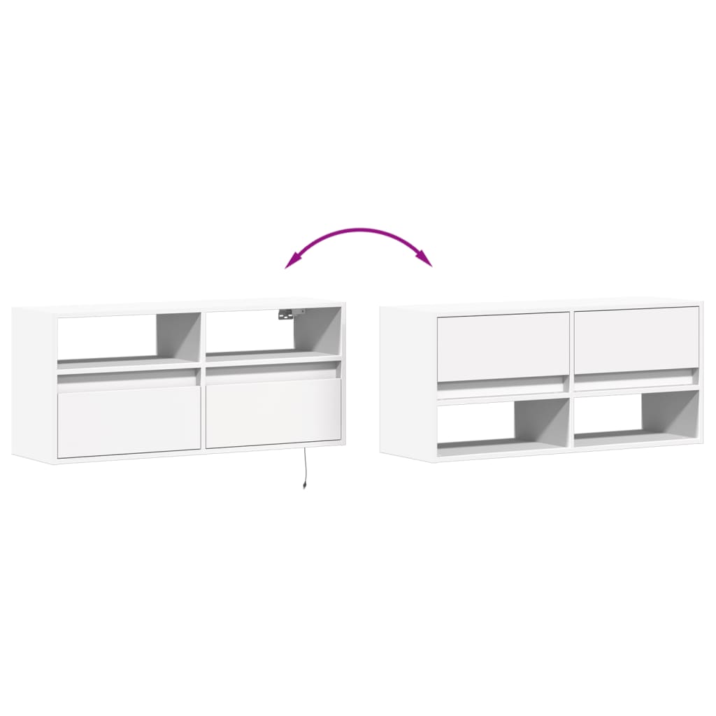 Wall-mounted TV cabinet with LED lights, white, 100x31x45cm