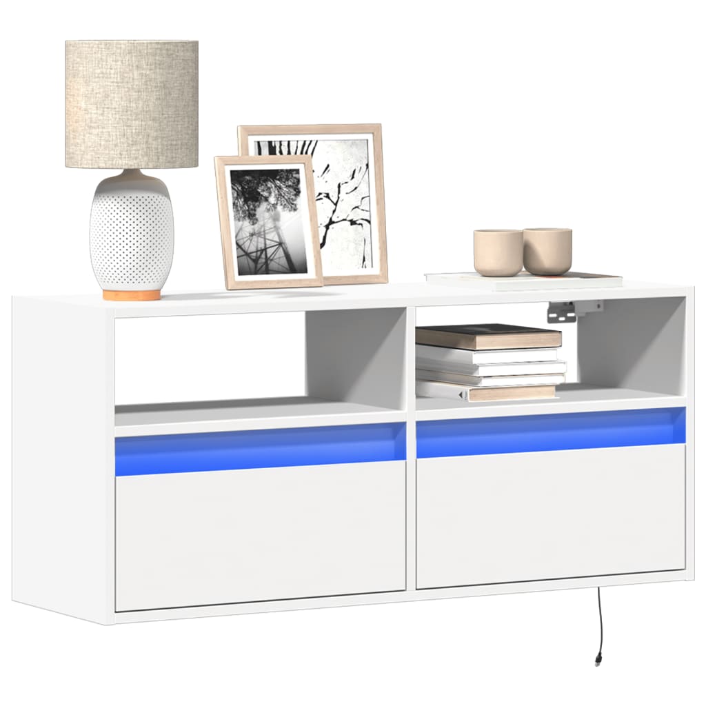 Wall-mounted TV cabinet with LED lights, white, 100x31x45cm
