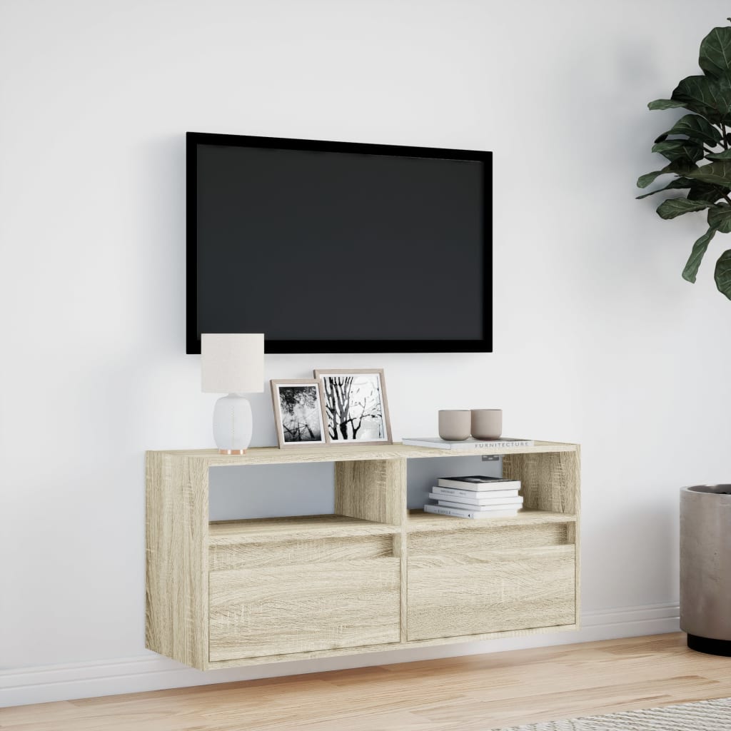 Sieninė TV spintelė su LED lemputėmis, ąžuolo, 100x31x45cm