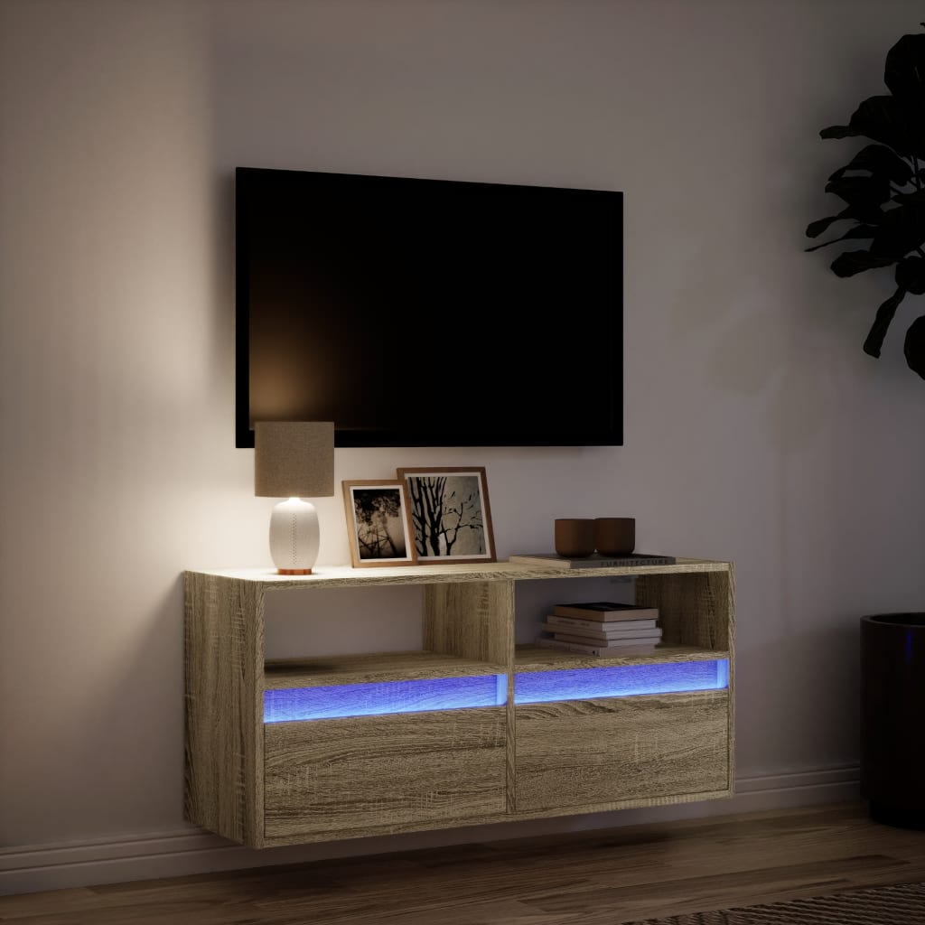 Sieninė TV spintelė su LED lemputėmis, ąžuolo, 100x31x45cm