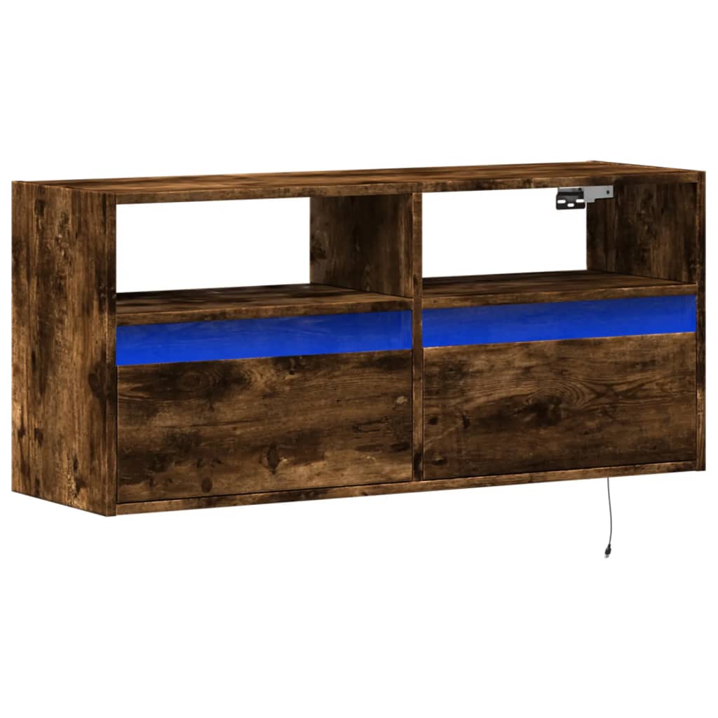 Pie sienas stiprināms TV skapītis ar LED gaismām, dūmu krāsā, 100x31x45 cm