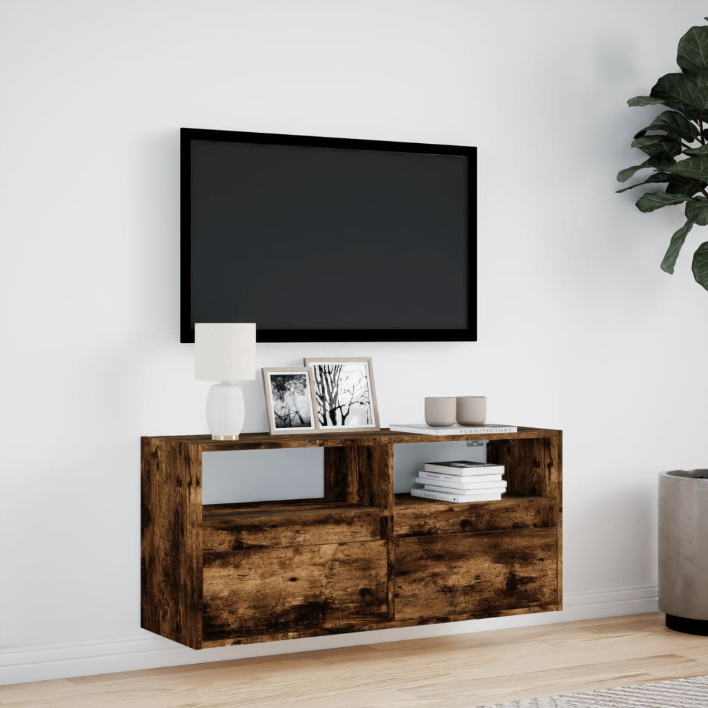 Pie sienas stiprināms TV skapītis ar LED gaismām, dūmu krāsā, 100x31x45 cm