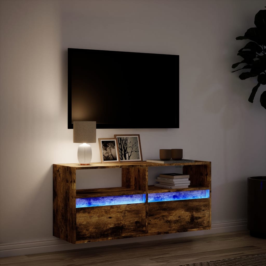 Pie sienas stiprināms TV skapītis ar LED gaismām, dūmu krāsā, 100x31x45 cm