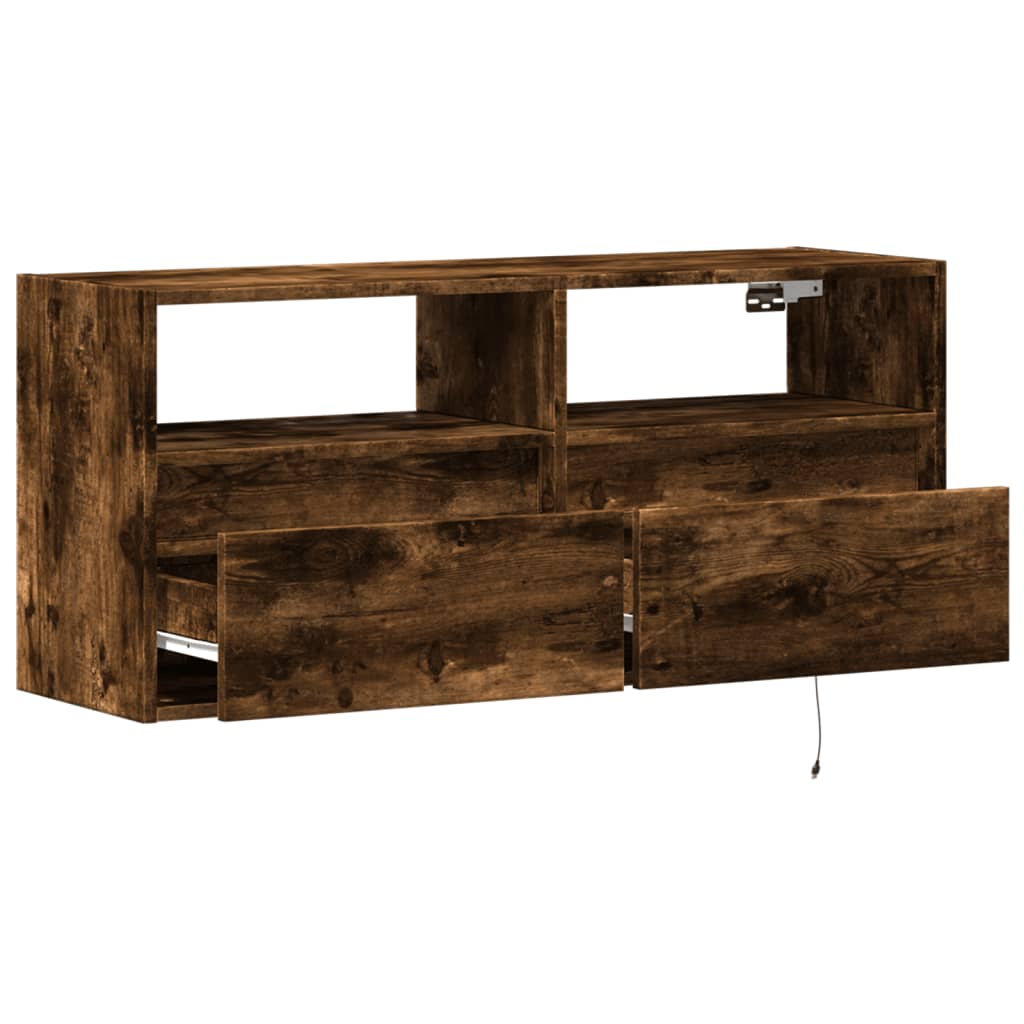 Pie sienas stiprināms TV skapītis ar LED gaismām, dūmu krāsā, 100x31x45 cm