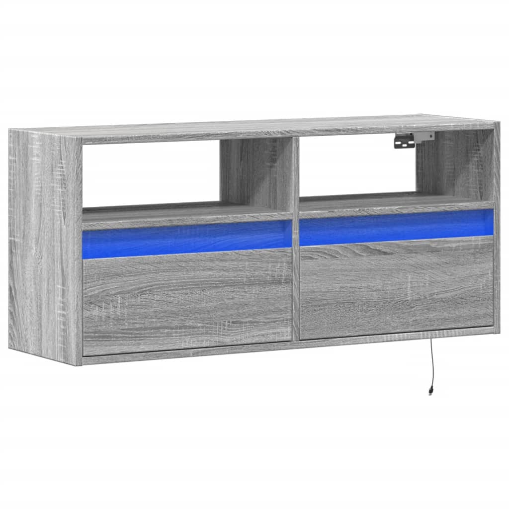 Sieninė TV spintelė su LED lemputėmis, pilka, 100x31x45cm