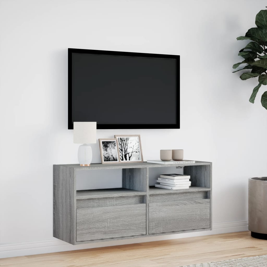 Sieninė TV spintelė su LED lemputėmis, pilka, 100x31x45cm