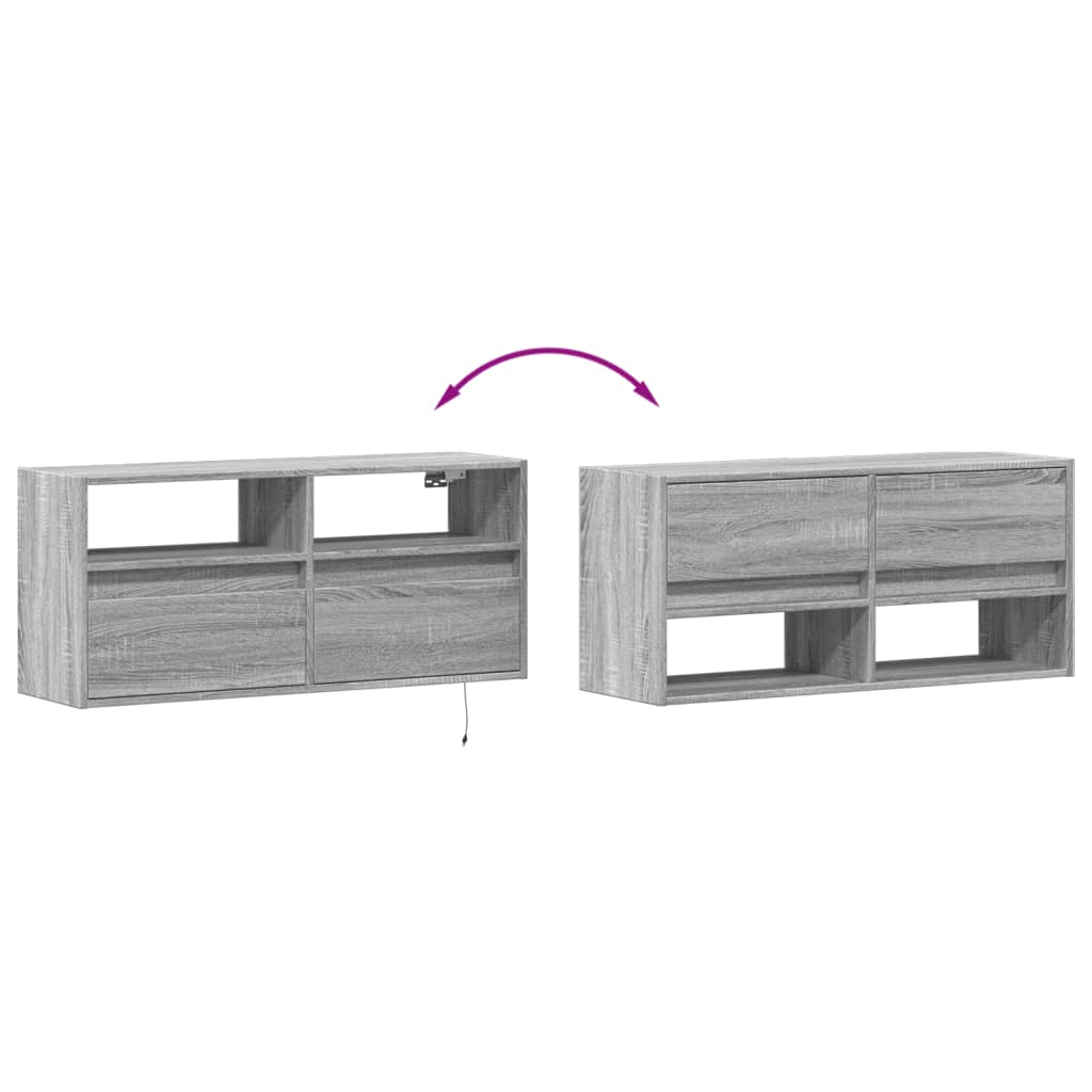 Sieninė TV spintelė su LED lemputėmis, pilka, 100x31x45cm