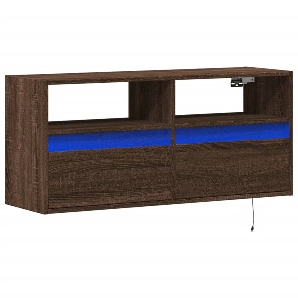 Wall-mounted TV cabinet with LED lights, brown oak, 100x31x45cm