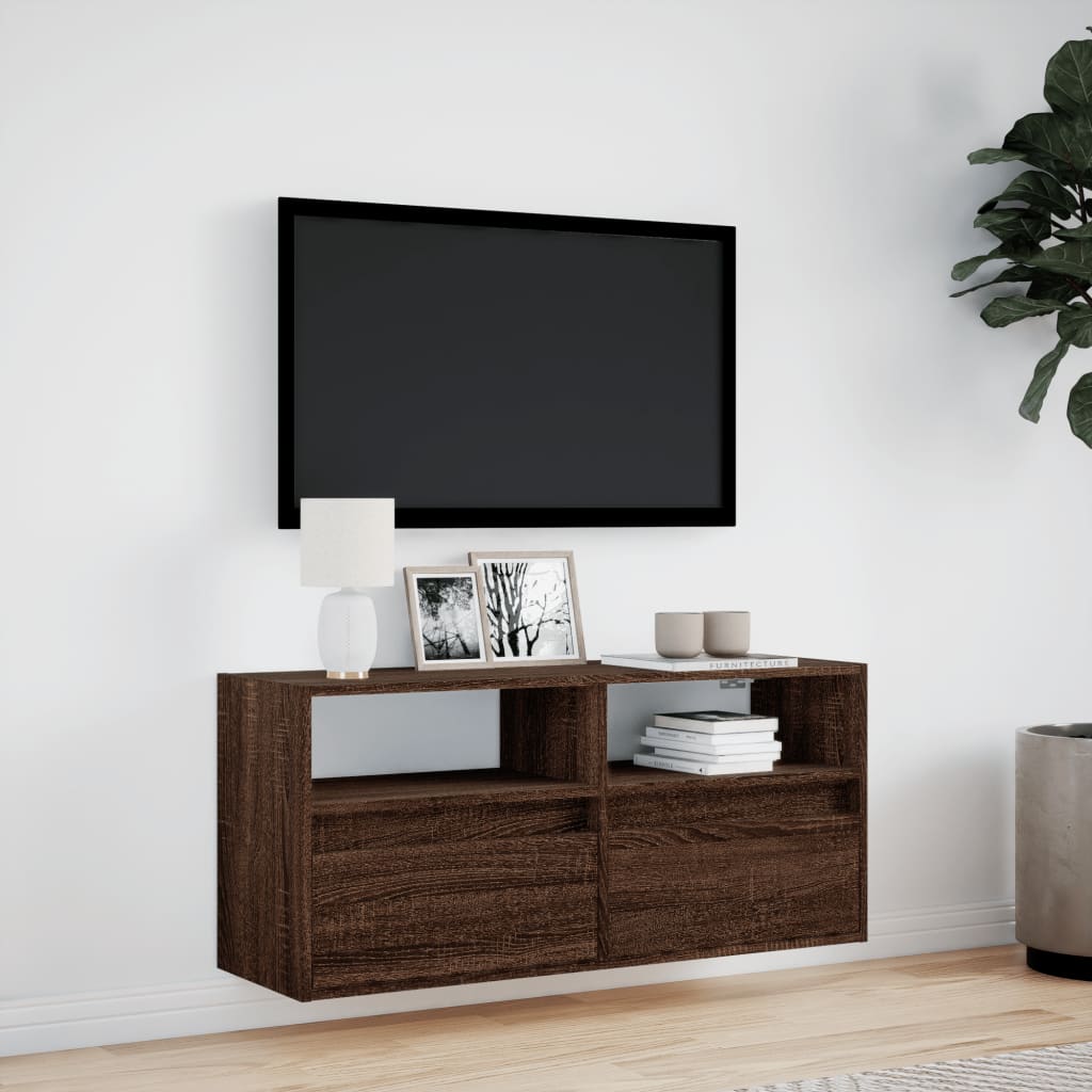 Wall-mounted TV cabinet with LED lights, brown oak, 100x31x45cm