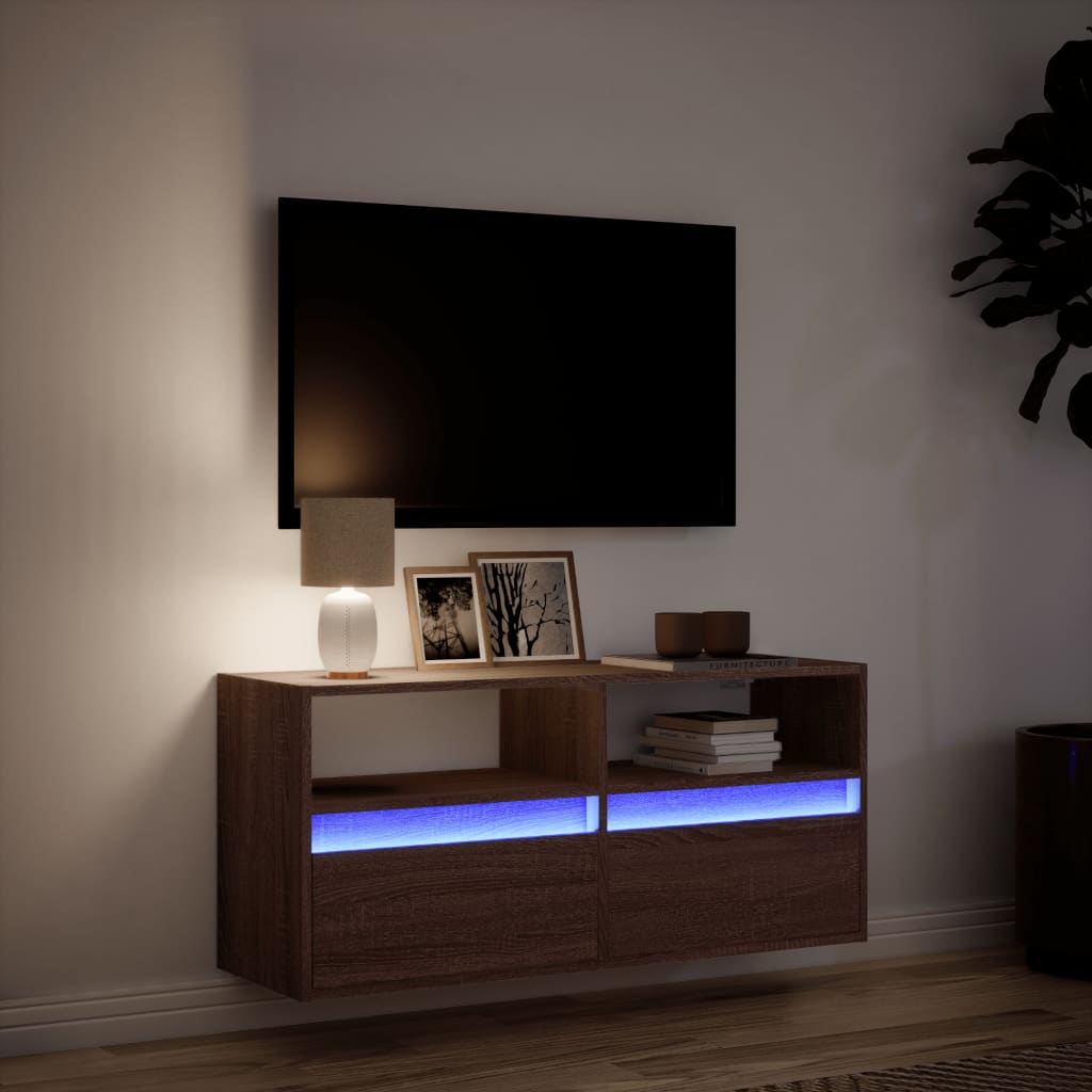 Wall-mounted TV cabinet with LED lights, brown oak, 100x31x45cm