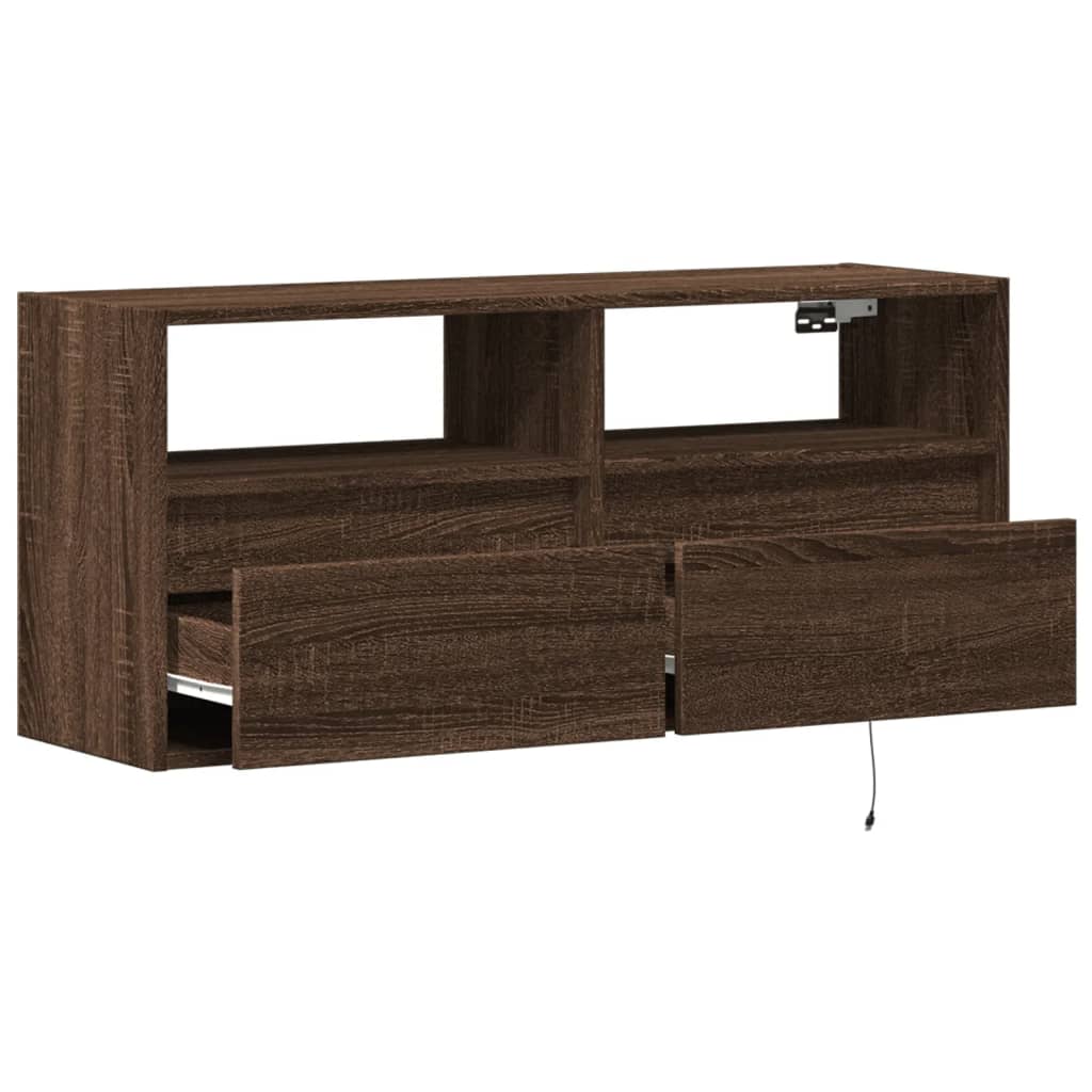 Wall-mounted TV cabinet with LED lights, brown oak, 100x31x45cm