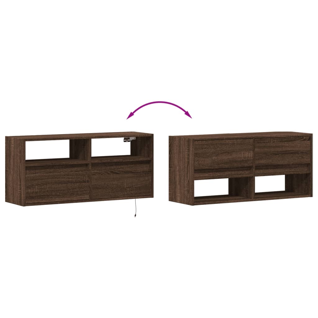 Wall-mounted TV cabinet with LED lights, brown oak, 100x31x45cm
