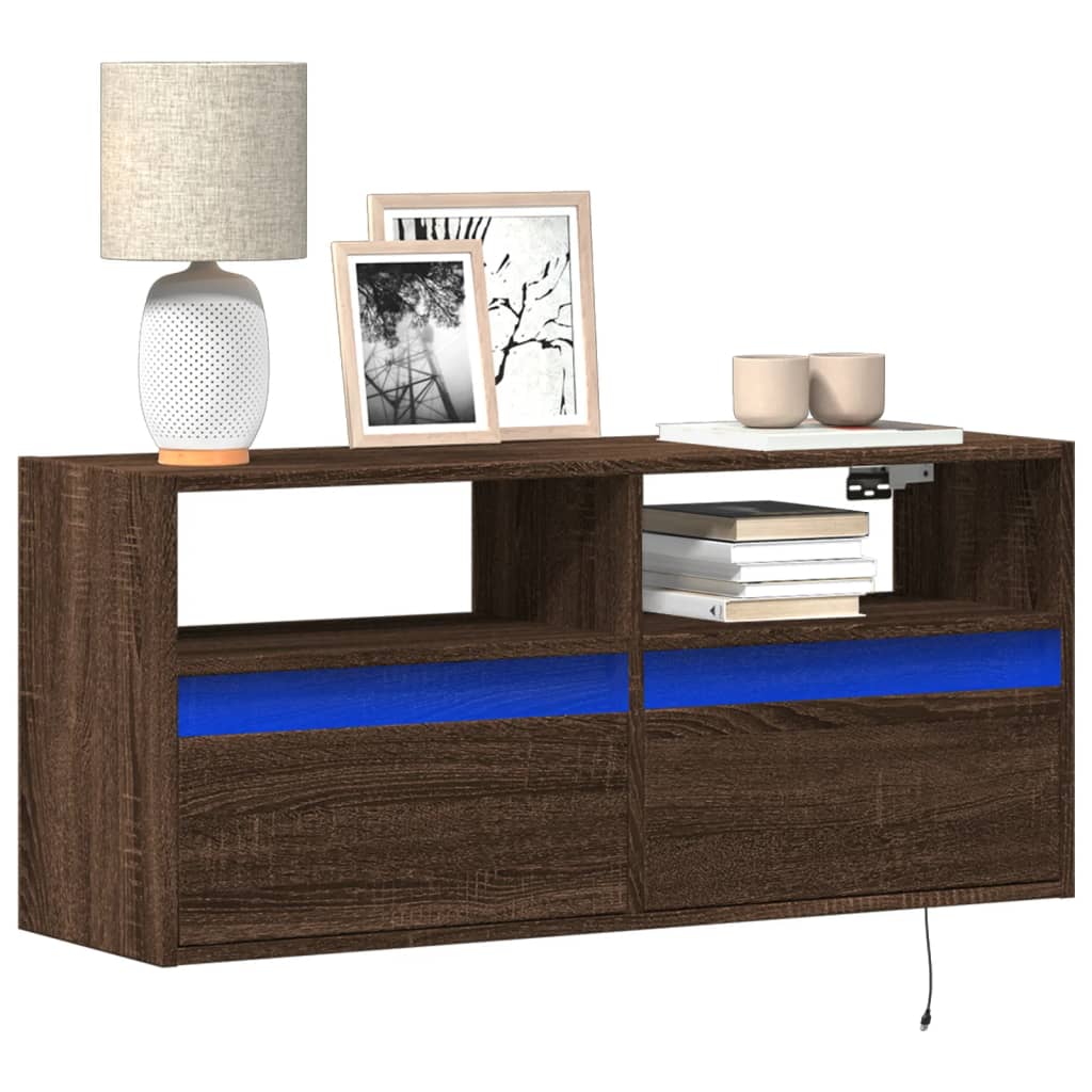 Wall-mounted TV cabinet with LED lights, brown oak, 100x31x45cm