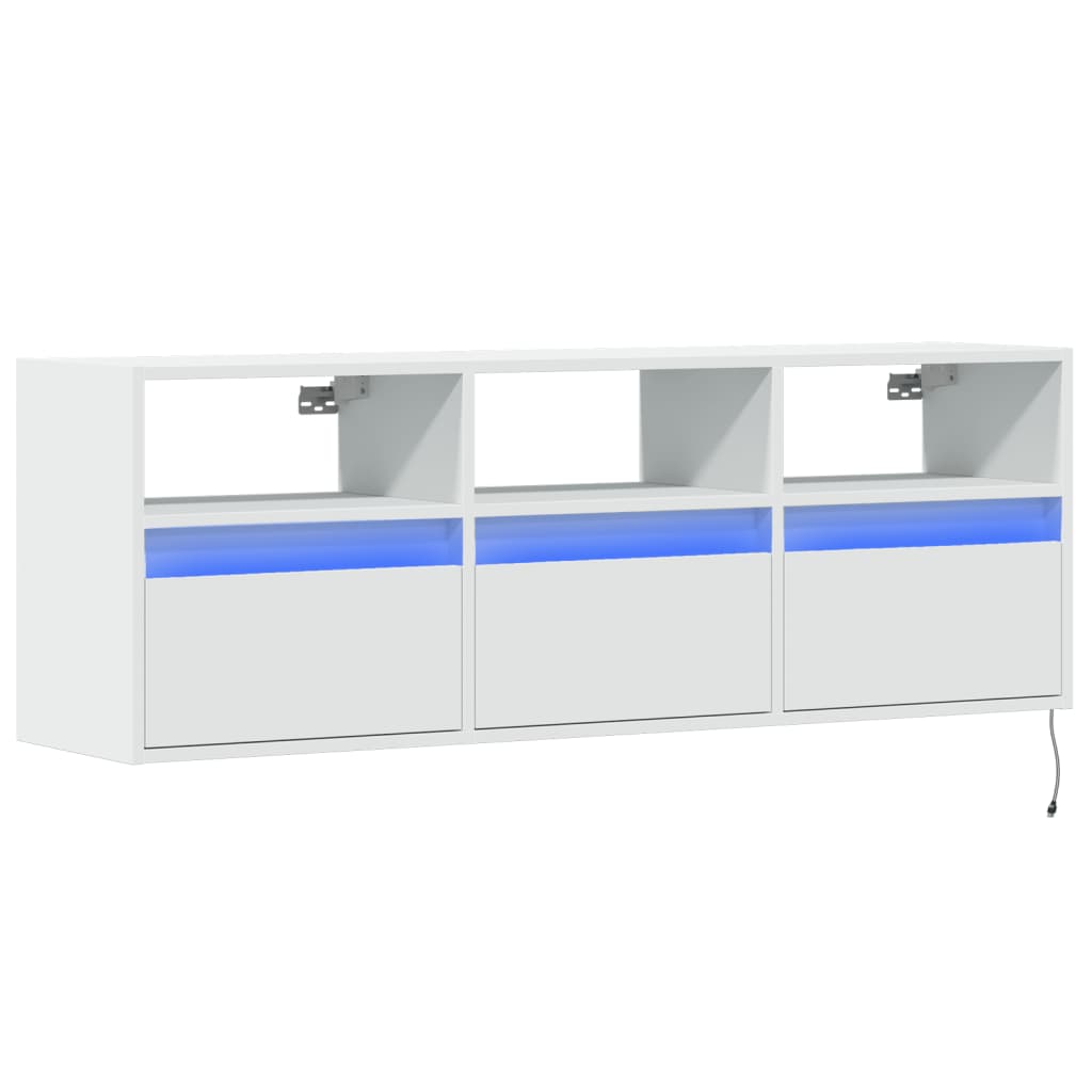 Wall-mounted TV cabinet with LED lights, white, 130x31x45 cm