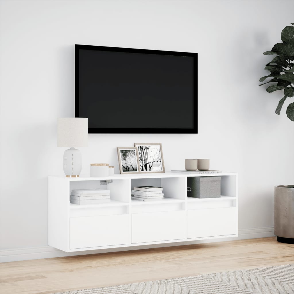 Wall-mounted TV cabinet with LED lights, white, 130x31x45 cm