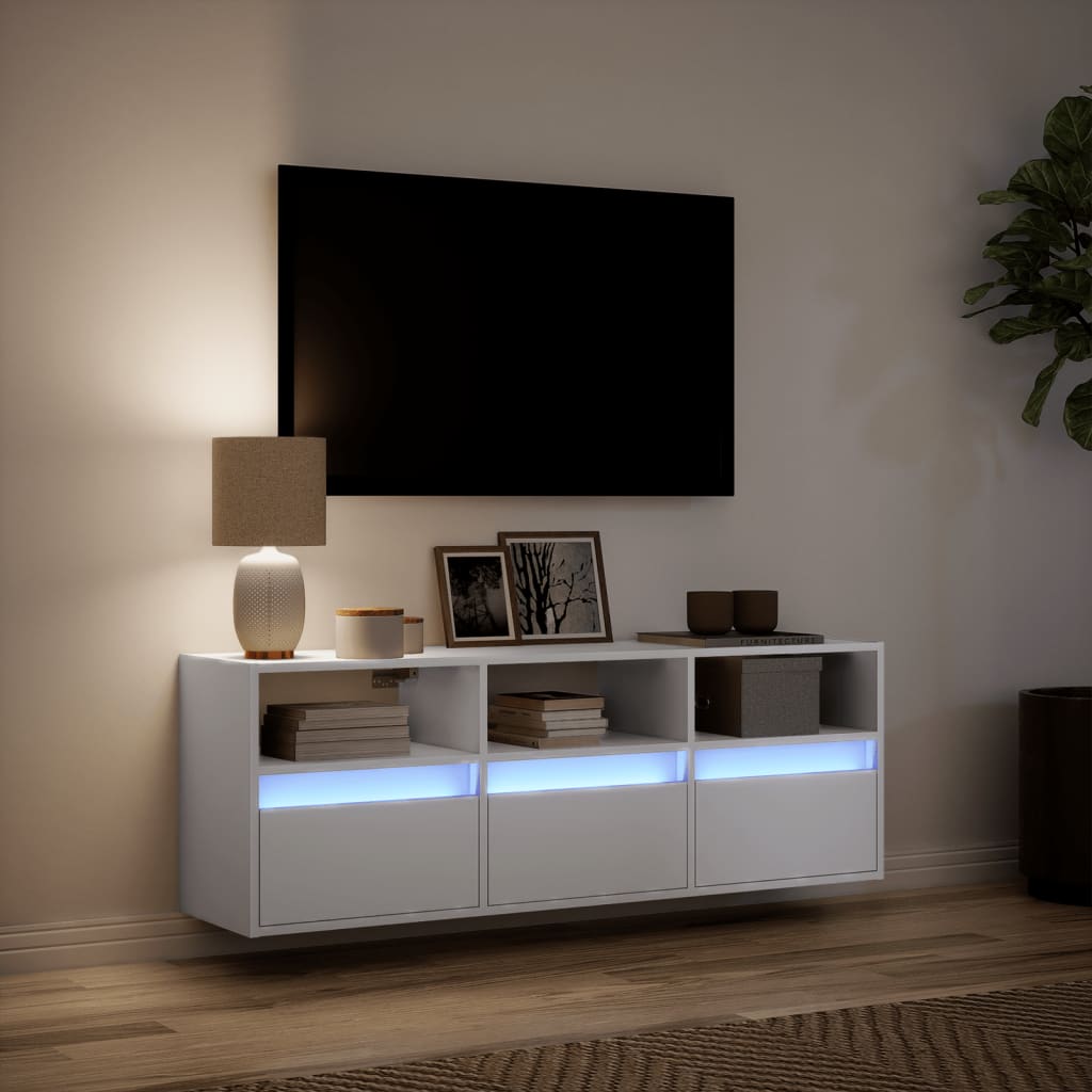 Wall-mounted TV cabinet with LED lights, white, 130x31x45 cm