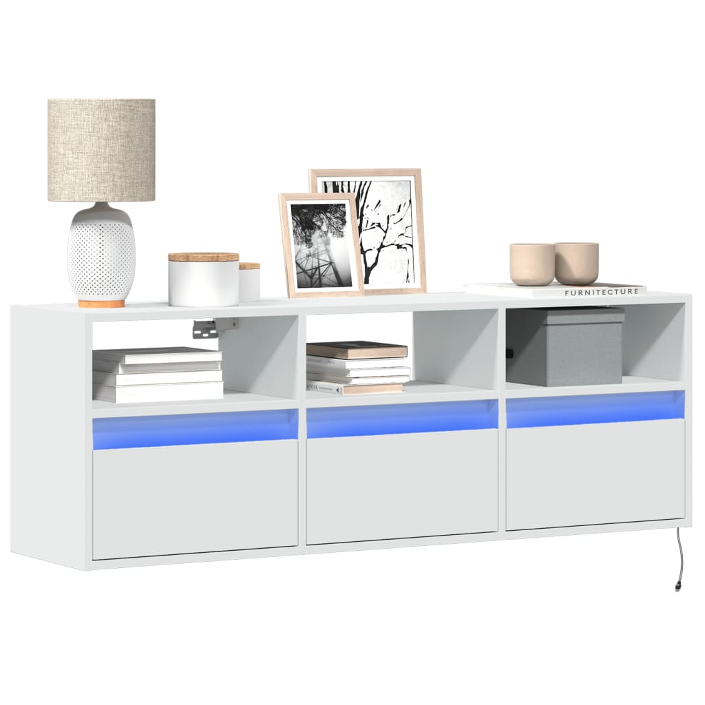 Wall-mounted TV cabinet with LED lights, white, 130x31x45 cm