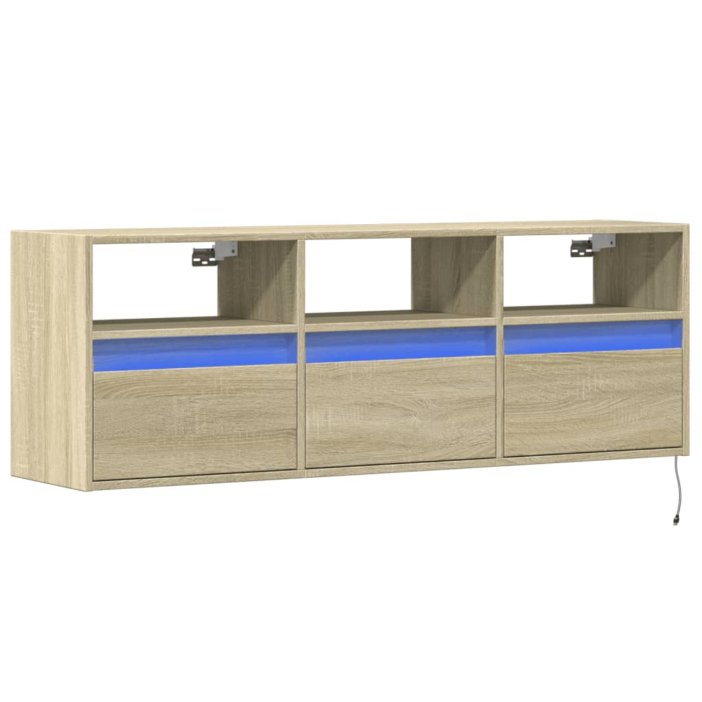 Wall-mounted TV cabinet with LED lights, oak, 130x31x45 cm
