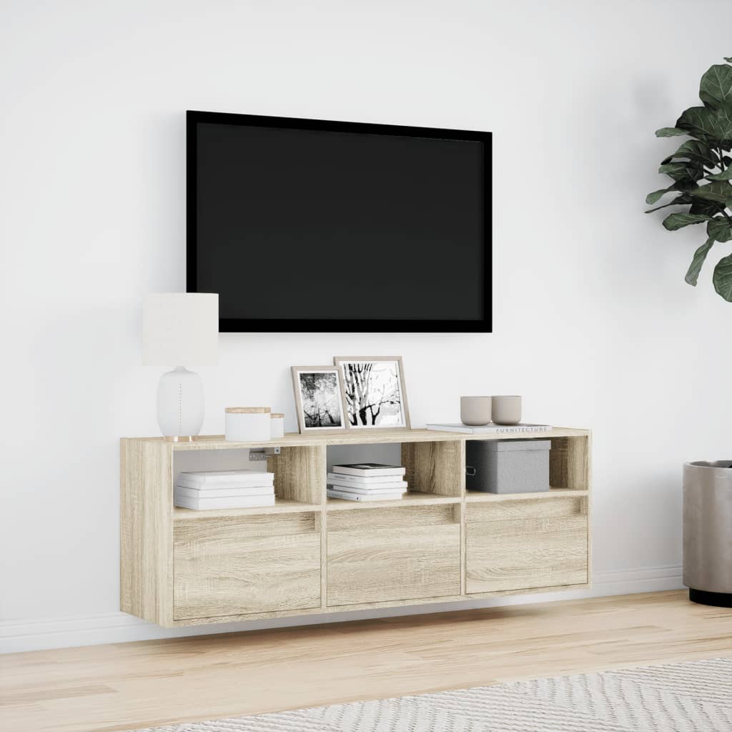 Wall-mounted TV cabinet with LED lights, oak, 130x31x45 cm