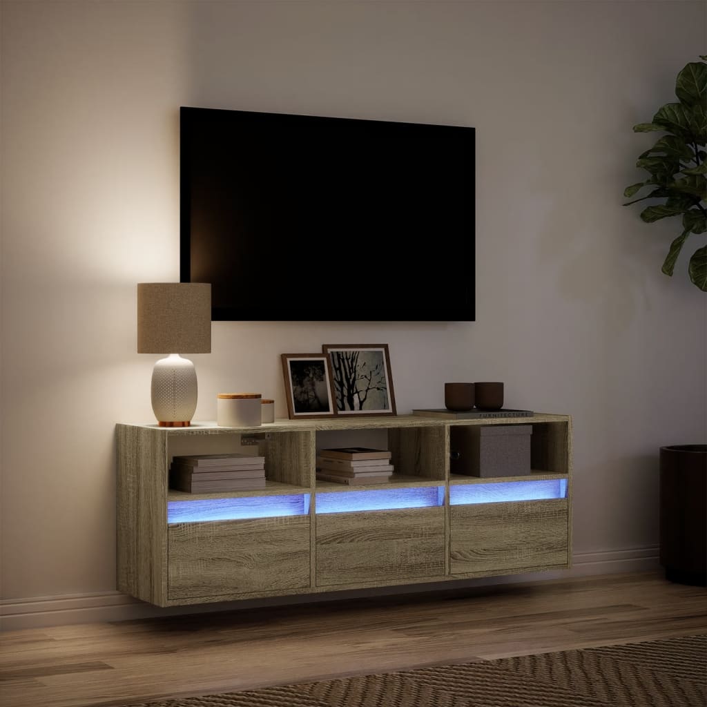 Wall-mounted TV cabinet with LED lights, oak, 130x31x45 cm