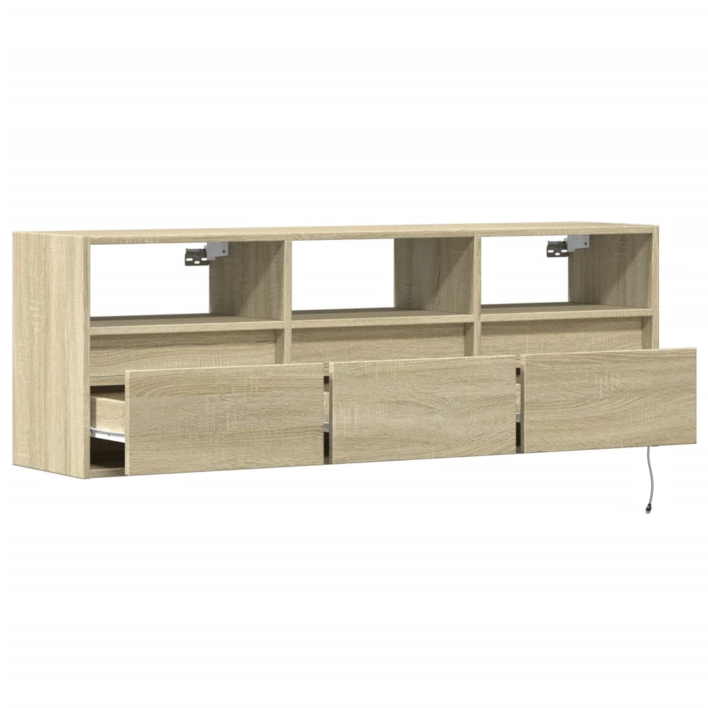 Wall-mounted TV cabinet with LED lights, oak, 130x31x45 cm