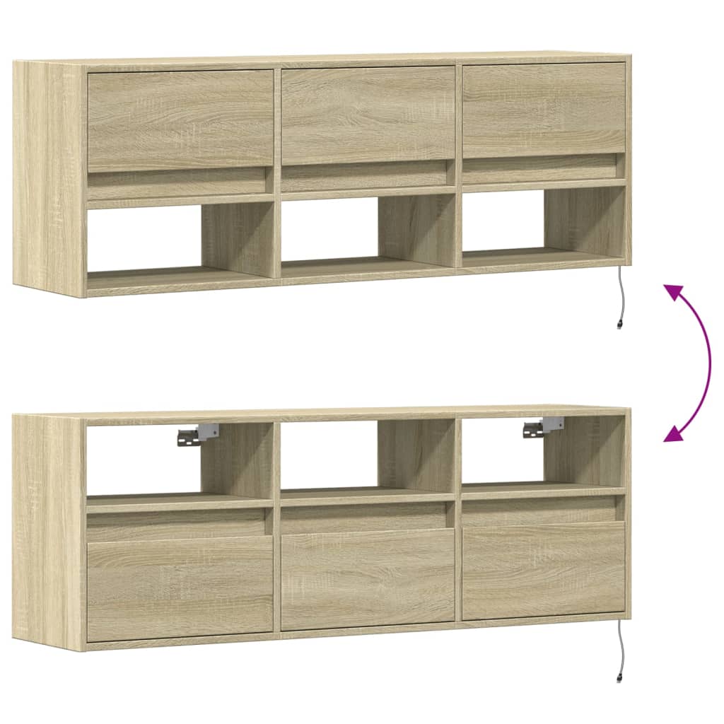 Wall-mounted TV cabinet with LED lights, oak, 130x31x45 cm