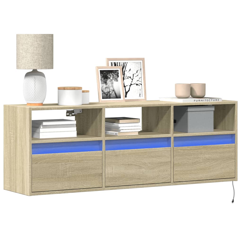 Wall-mounted TV cabinet with LED lights, oak, 130x31x45 cm