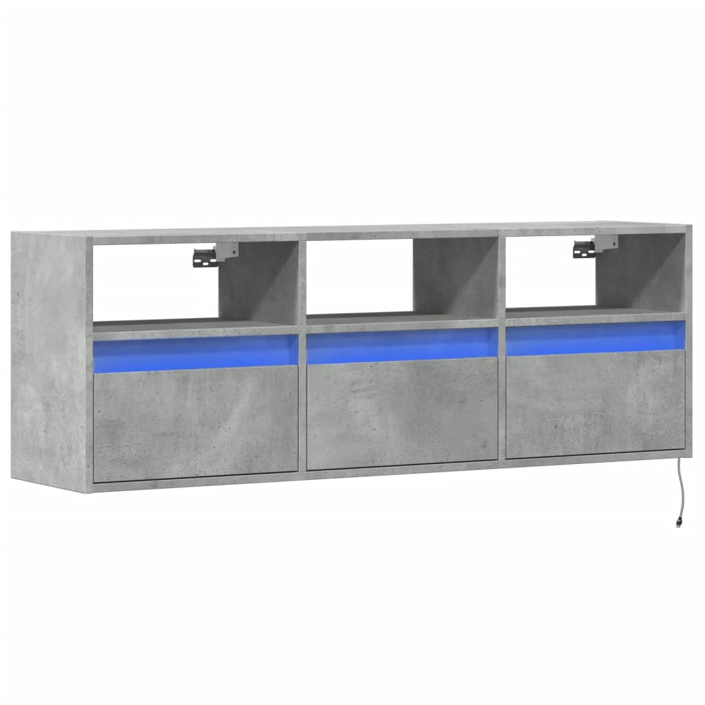 Sieninė TV spintelė su LED lemputėmis, betono, 130x31x45 cm