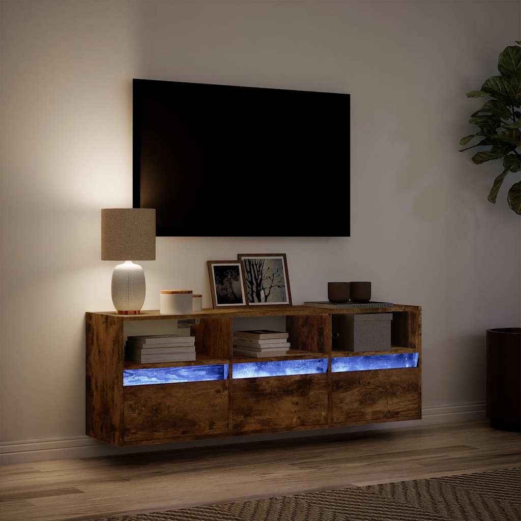 Sieninė TV spintelė su LED lemputėmis, dūminė, 130x31x45 cm
