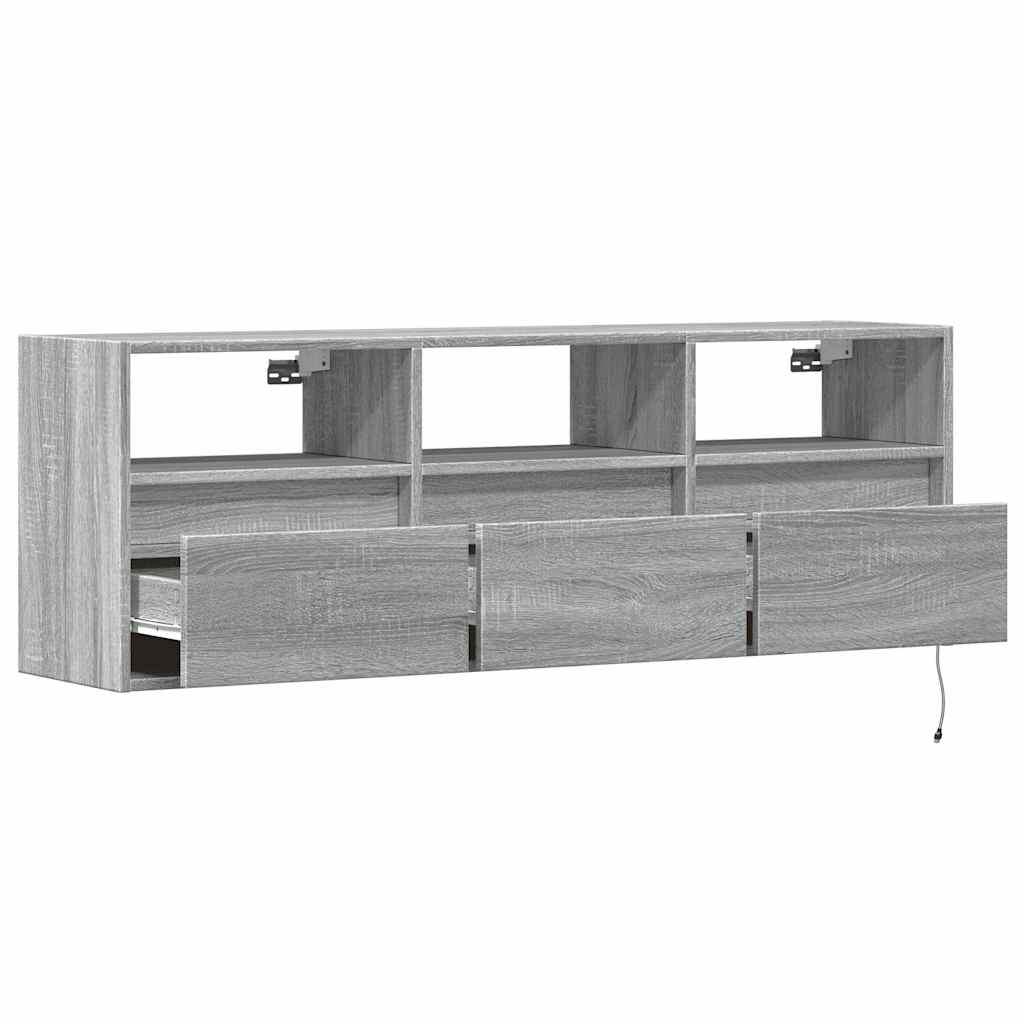 Sieninė TV spintelė su LED lemputėmis, pilka ąžuolo 130x31x45cm