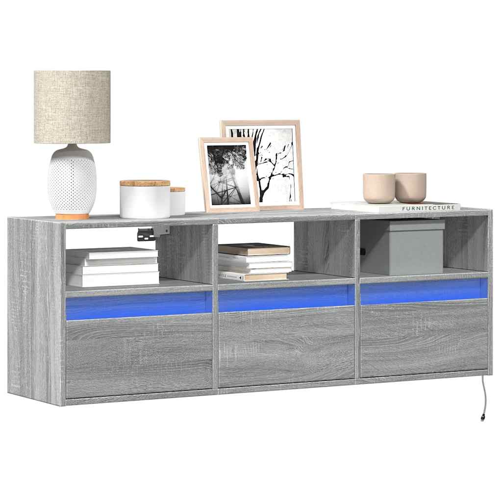Sieninė TV spintelė su LED lemputėmis, pilka ąžuolo 130x31x45cm