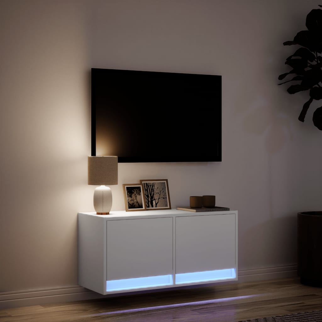 Sieninė TV spintelė su LED lemputėmis, balta, 80x31x35cm