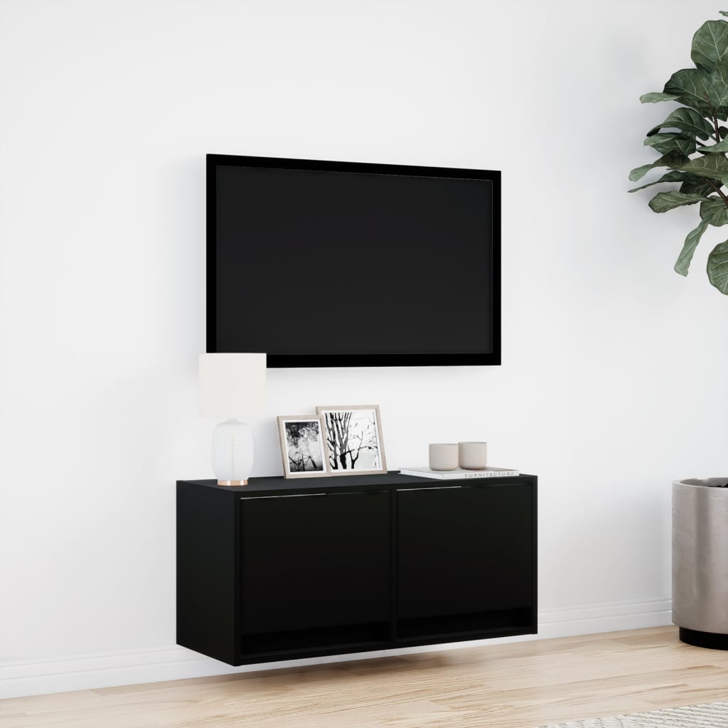 Wall-mounted TV Cabinet with LED Lights, Black, 80x31x35cm