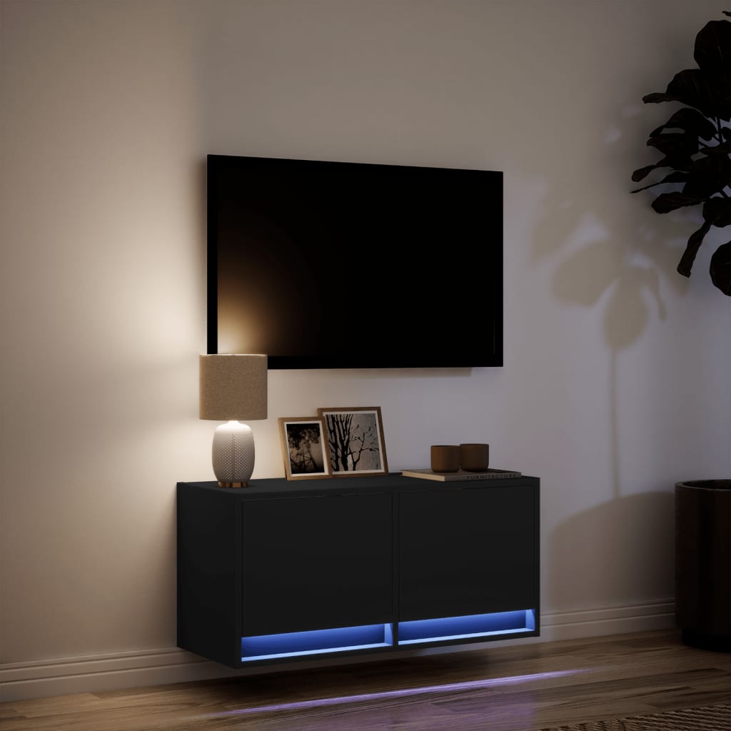 Wall-mounted TV Cabinet with LED Lights, Black, 80x31x35cm