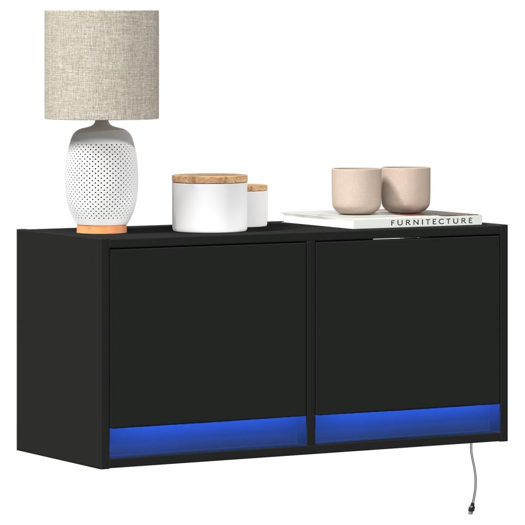 Wall-mounted TV Cabinet with LED Lights, Black, 80x31x35cm