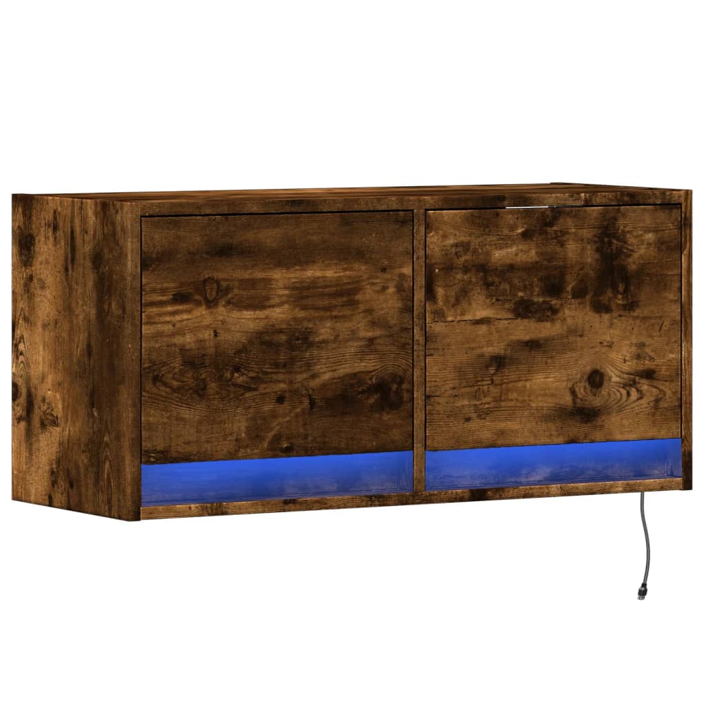 Wall-mounted TV Cabinet with LED Lights, Smoked Glass, 80x31x35cm